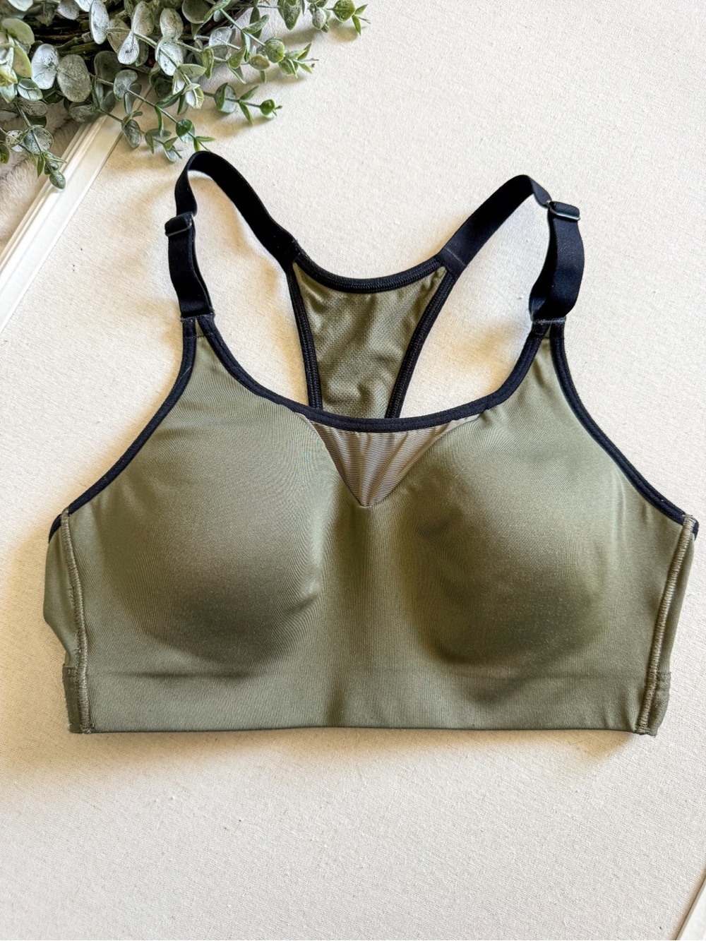 All in Motion Olive Green Racerback Sports Bra with Black Trim Size Small